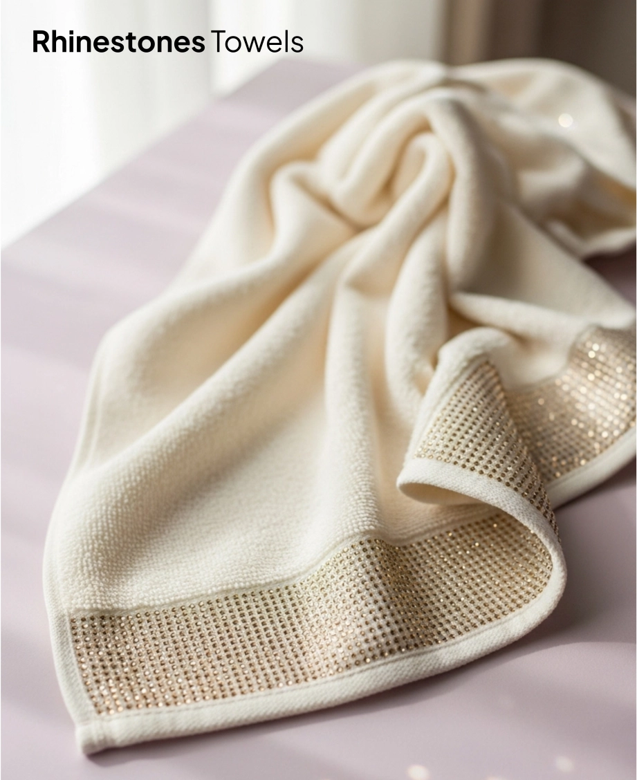 Cream towel with gold rhinestone border